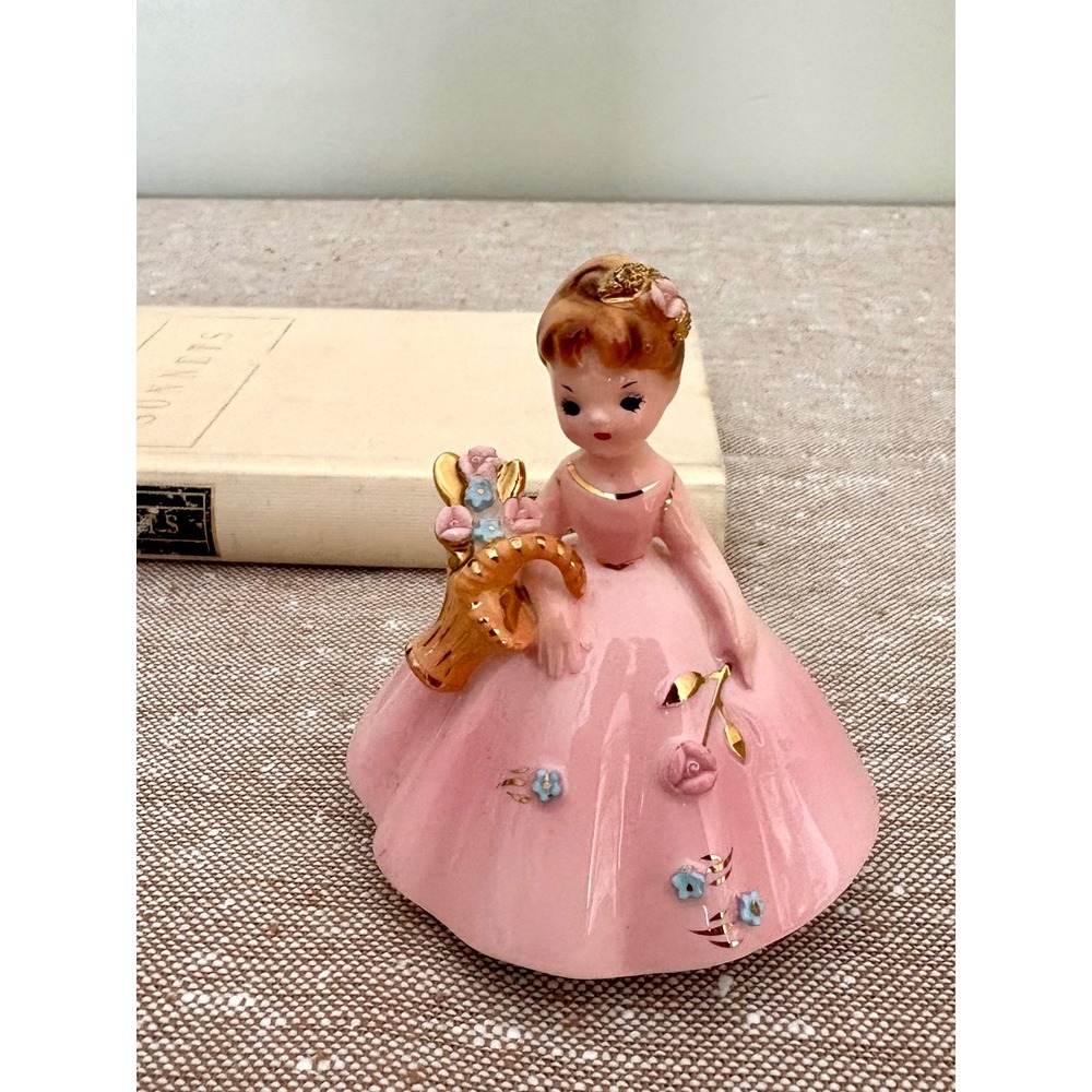 Vintage Josef Originals May Flowers Pink Dress Gold Basket Girl Figurine